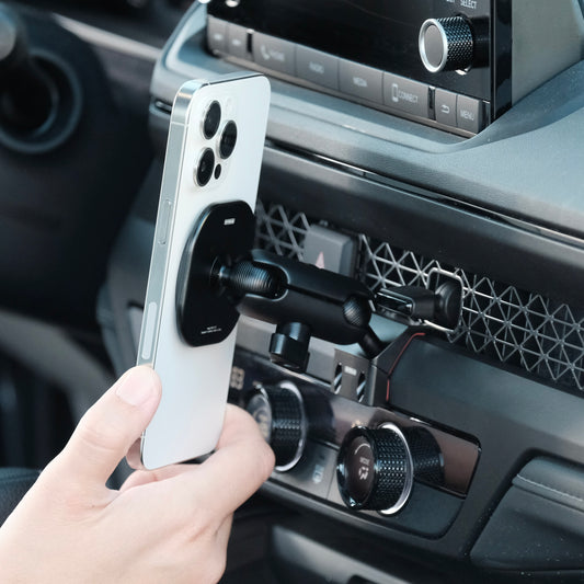 Image of Offroam MagSafe-compatible Phone Mount installed securely in Honda Accord 2023-2025. This premium phone mount installs easily without drilling or glue. High force magnets hold phone on any trail, road, or track. Perfect placement without blocking screens, driver view, or air flow. Fully adjustable positioning.