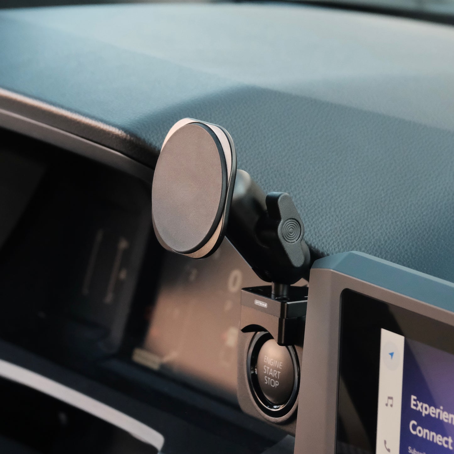 Image of Offroam MagSafe-compatible Phone Mount installed securely in Toyota Tacoma 2024-2025 | 4Runner 2025. This premium phone mount installs easily without drilling or glue. High force magnets hold phone on any trail, road, or track. Perfect placement without blocking screens, driver view, or air flow. Fully adjustable positioning.