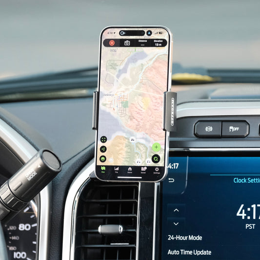 Image of Offroam Phone Mount installed securely in Ford Super Duty 2022 (12in. SYNC4 Touchscreen). This premium phone mount installs easily without drilling or glue. Spring loaded Universal holder for use with any phone. Perfect placement without blocking screens, driver view, or air flow. Fully adjustable positioning.