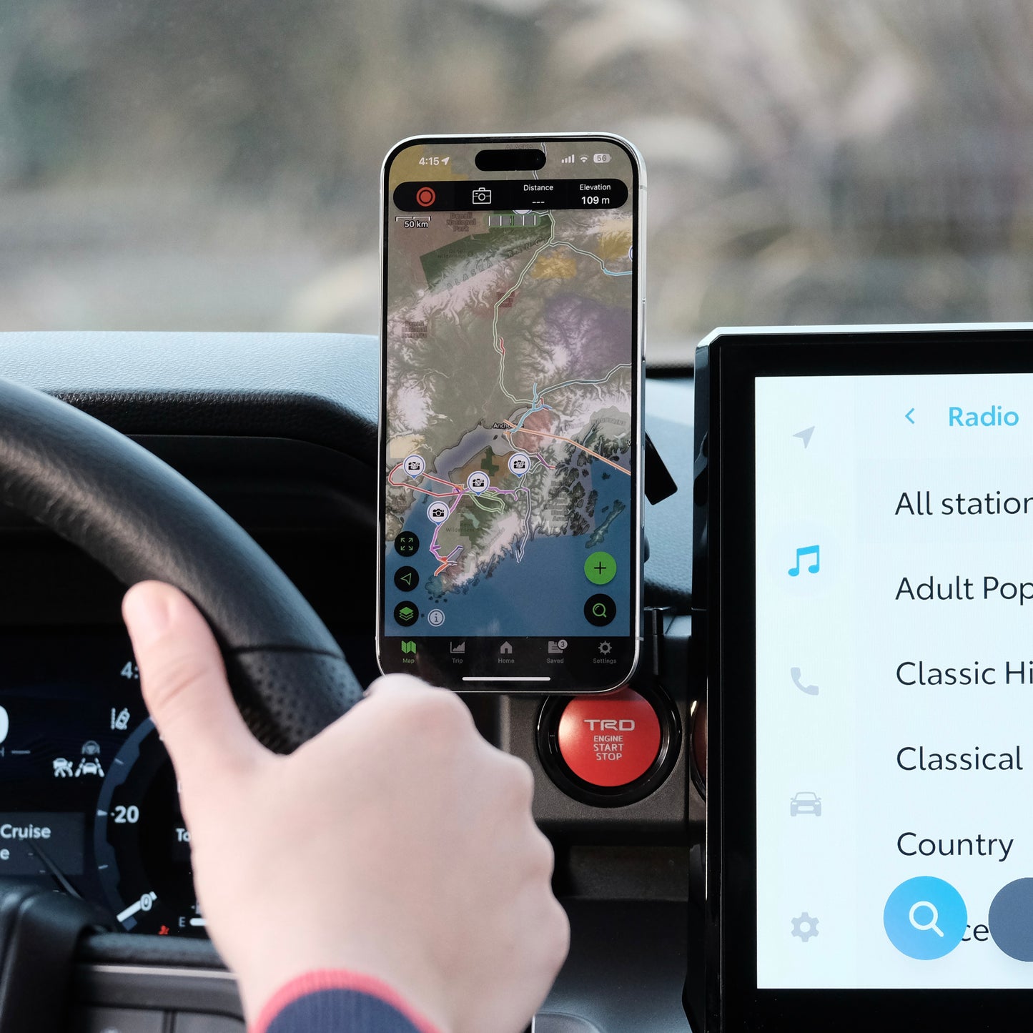 Image of Offroam MagSafe-compatible Phone Mount installed securely in Toyota Tacoma 2024-2025 | 4Runner 2025. This premium phone mount installs easily without drilling or glue. High force magnets hold phone on any trail, road, or track. Perfect placement without blocking screens, driver view, or air flow. Fully adjustable positioning.