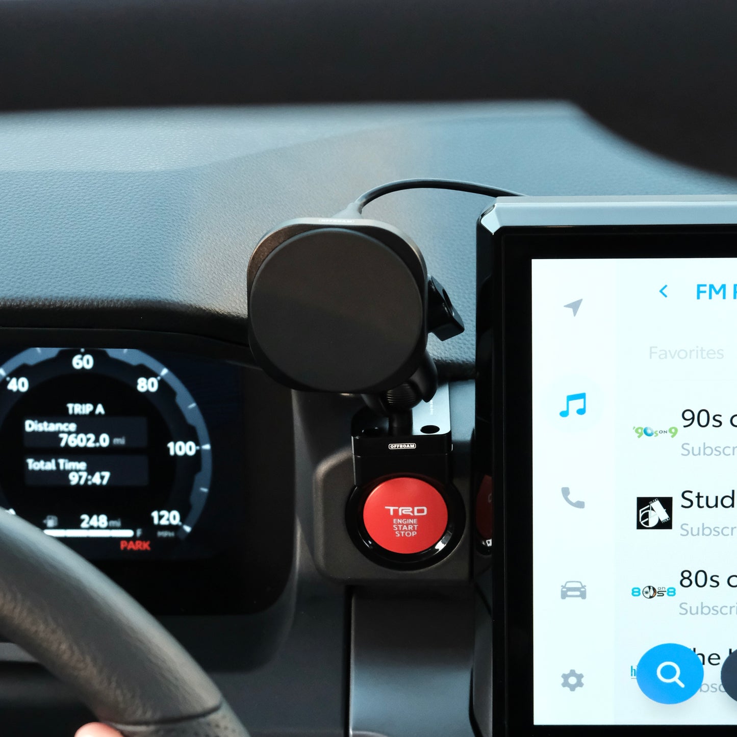Image of Offroam MagSafe-compatible Phone Mount installed securely in Toyota Tacoma 2024-2025 | 4Runner 2025. This premium phone mount installs easily without drilling or glue. High force magnets hold phone on any trail, road, or track. Perfect placement without blocking screens, driver view, or air flow. Fully adjustable positioning.