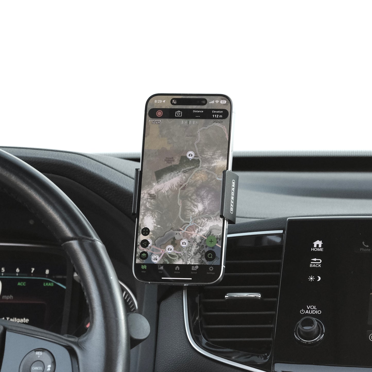 Image of Offroam Phone Mount installed securely in Honda Ridgeline 2016-2025 | Passport 2019-2025 | Pilot 2016-2022. This premium phone mount installs easily without drilling or glue. Spring loaded Universal holder for use with any phone. Perfect placement without blocking screens, driver view, or air flow. Fully adjustable positioning.