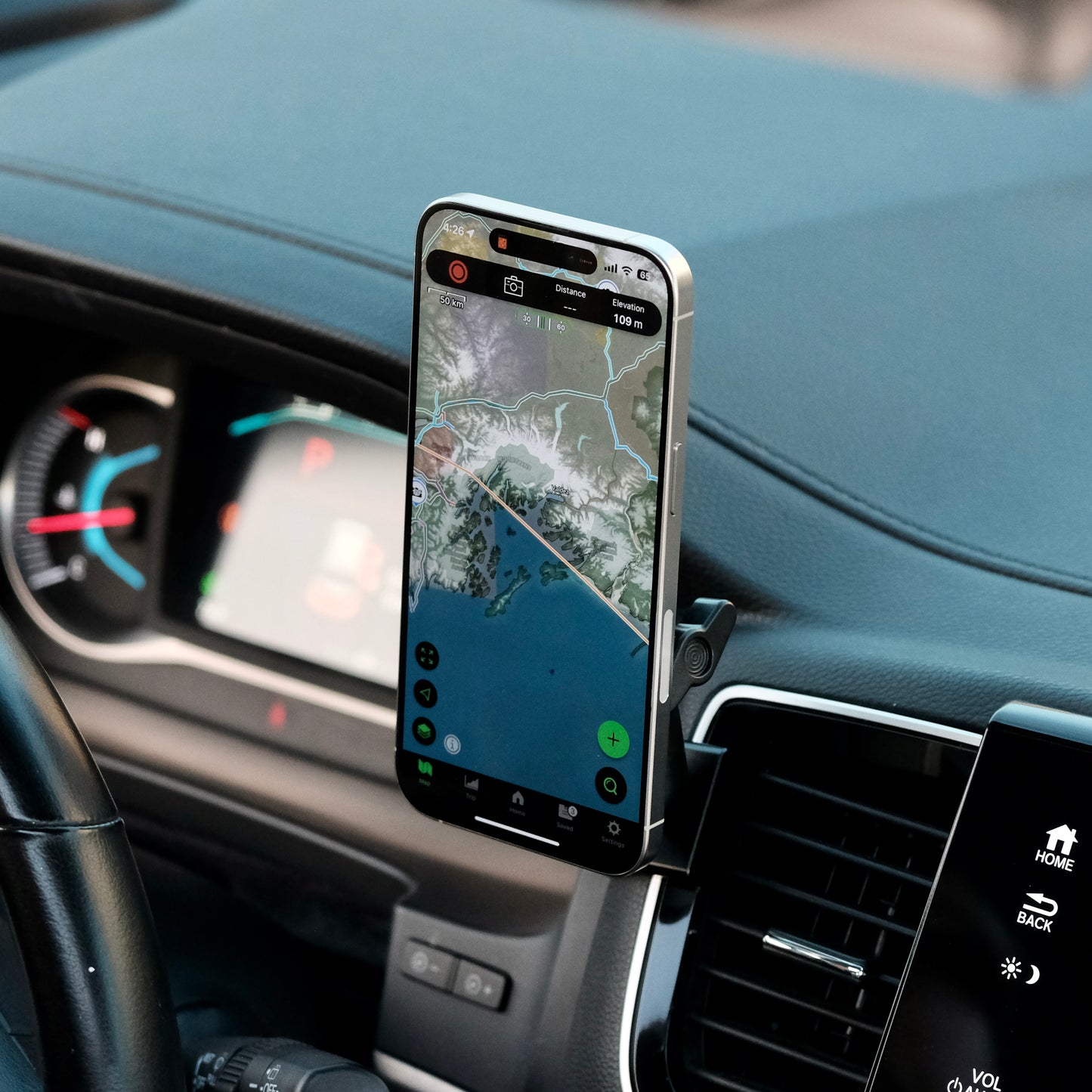 Image of Offroam MagSafe-compatible Phone Mount installed securely in Honda Ridgeline 2016-2025 | Passport 2019-2025 | Pilot 2016-2022. This premium phone mount installs easily without drilling or glue. High force magnets hold phone on any trail, road, or track. Perfect placement without blocking screens, driver view, or air flow. Fully adjustable positioning.