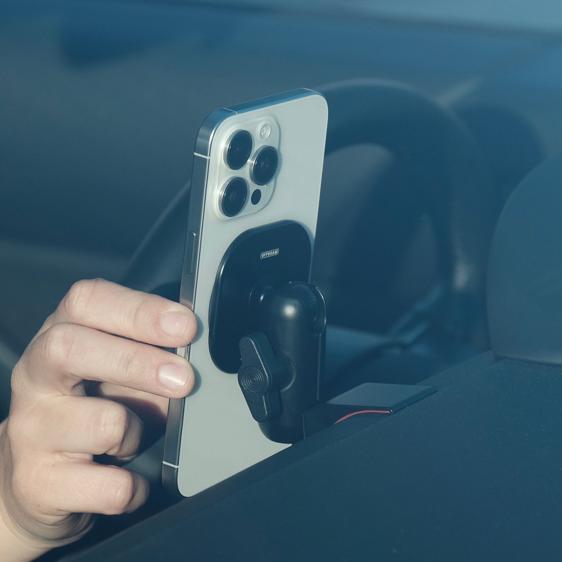 Image of Offroam MagSafe-compatible Phone Mount installed securely in Subaru BRZ 2022-2026 | Toyota GR86 2022-2026. This premium phone mount installs easily without drilling or glue. High force magnets hold phone on any trail, road, or track. Perfect placement without blocking screens, driver view, or air flow. Fully adjustable positioning.