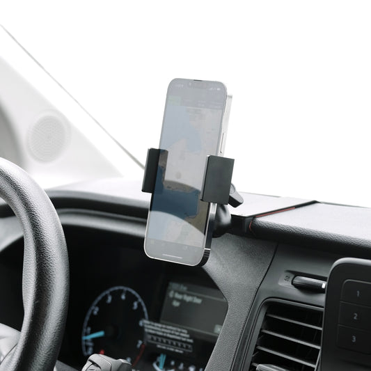 Image of Offroam Phone Mount installed securely in Ford Transit 2020-2025. This premium phone mount installs easily without drilling or glue. Spring loaded Universal holder for use with any phone. Perfect placement without blocking screens, driver view, or air flow. Fully adjustable positioning.