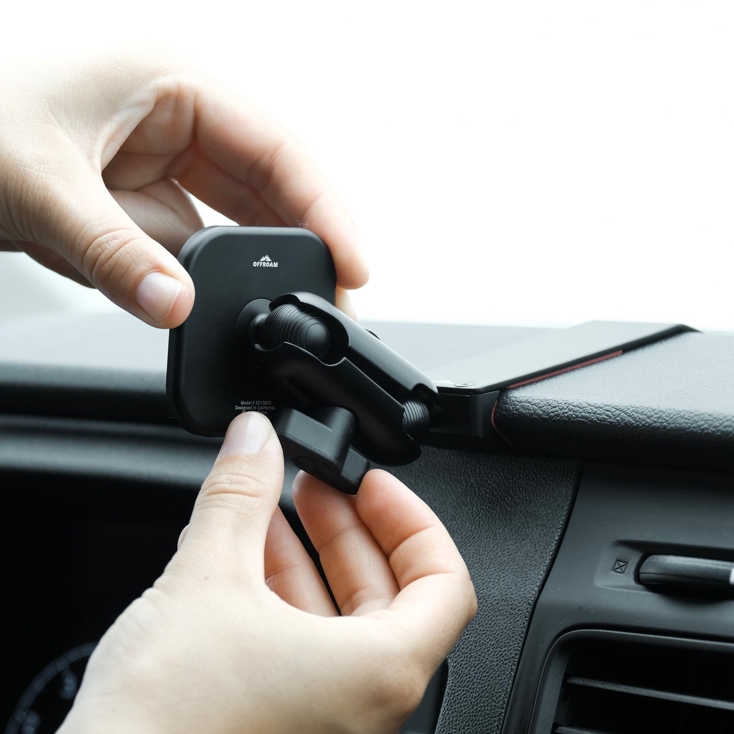 Image of Offroam MagSafe-compatible Phone Mount installed securely in Ford Transit 2020-2025. This premium phone mount installs easily without drilling or glue. High force magnets hold phone on any trail, road, or track. Perfect placement without blocking screens, driver view, or air flow. Fully adjustable positioning.