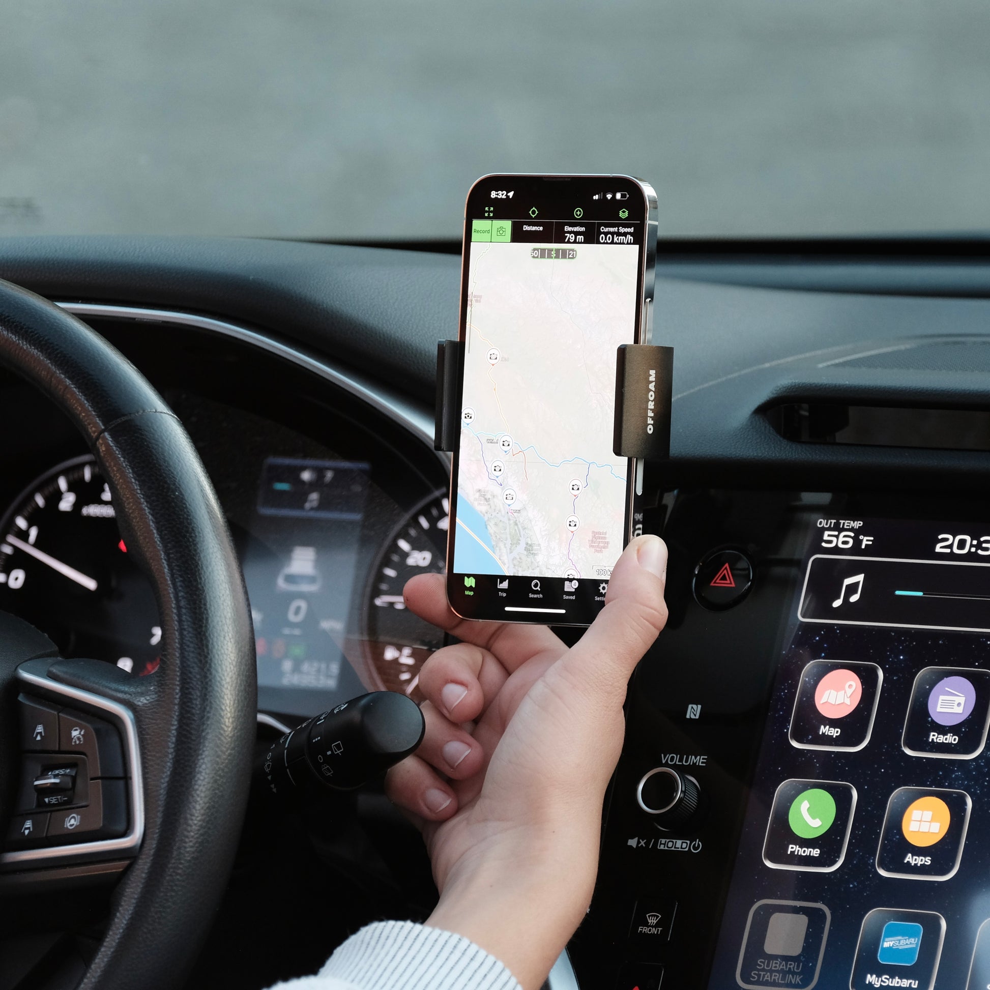 Image of Offroam Phone Mount installed securely in Subaru Outback | Legacy 2020-2025. This premium phone mount installs easily without drilling or glue. Spring loaded Universal holder for use with any phone. Perfect placement without blocking screens, driver view, or air flow. Fully adjustable positioning.