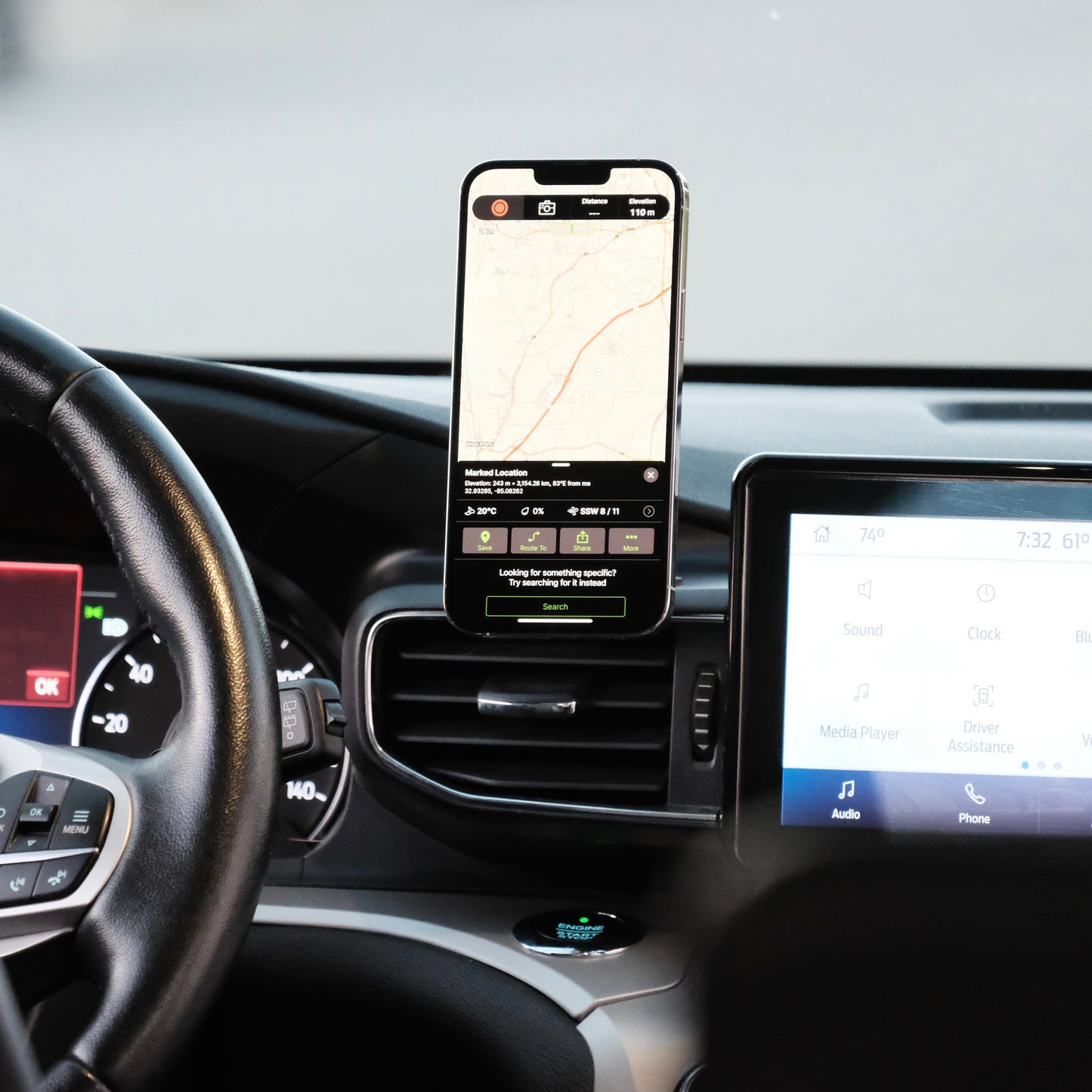 Image of Offroam MagSafe-compatible Phone Mount installed securely in Ford Explorer 2020-2024. This premium phone mount installs easily without drilling or glue. High force magnets hold phone on any trail, road, or track. Perfect placement without blocking screens, driver view, or air flow. Fully adjustable positioning.