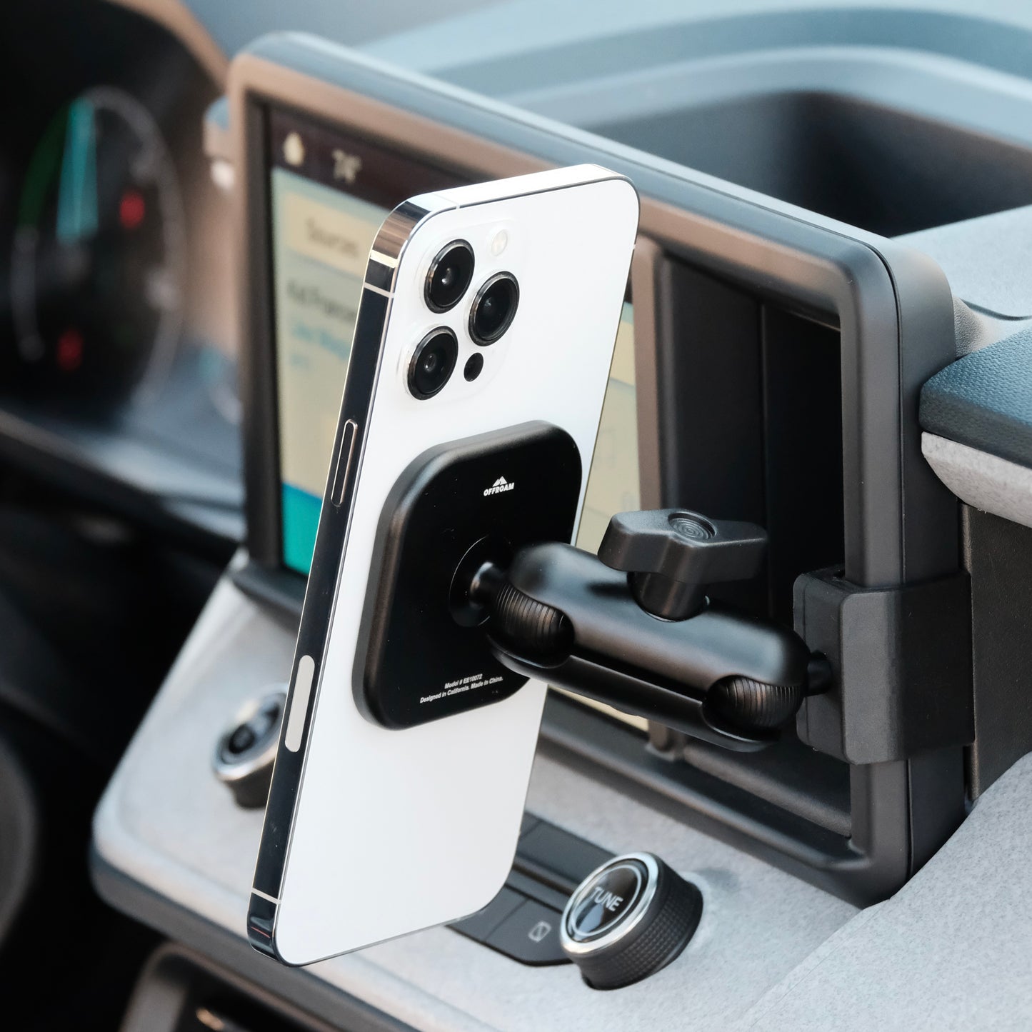 Image of Offroam MagSafe-compatible Phone Mount installed securely in Ford Maverick 2022-2024. This premium phone mount installs easily without drilling or glue. High force magnets hold phone on any trail, road, or track. Perfect placement without blocking screens, driver view, or air flow. Fully adjustable positioning.