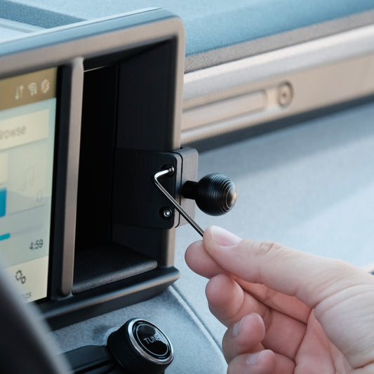 Image of Offroam Mounting Base installed securely in Ford Maverick 2022-2024. This premium all metal phone mounting base installs easily without drilling or glue. Perfect placement without blocking screens, driver view, or air flow.