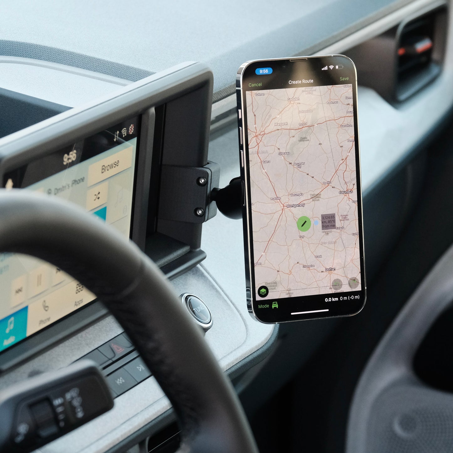 Image of Offroam MagSafe-compatible Phone Mount installed securely in Ford Maverick 2022-2024. This premium phone mount installs easily without drilling or glue. High force magnets hold phone on any trail, road, or track. Perfect placement without blocking screens, driver view, or air flow. Fully adjustable positioning.