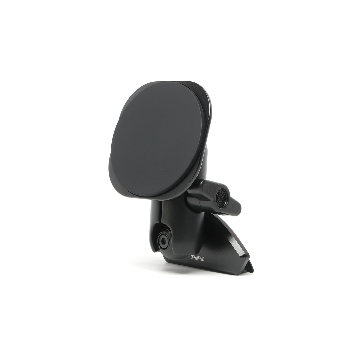 Offroam phone mount kit consisting of mounting base for Cherokee 2014-2018 with 20mm integrated ball, a coupling arm, and a non-charging magsafe-compatible holder shown on white background