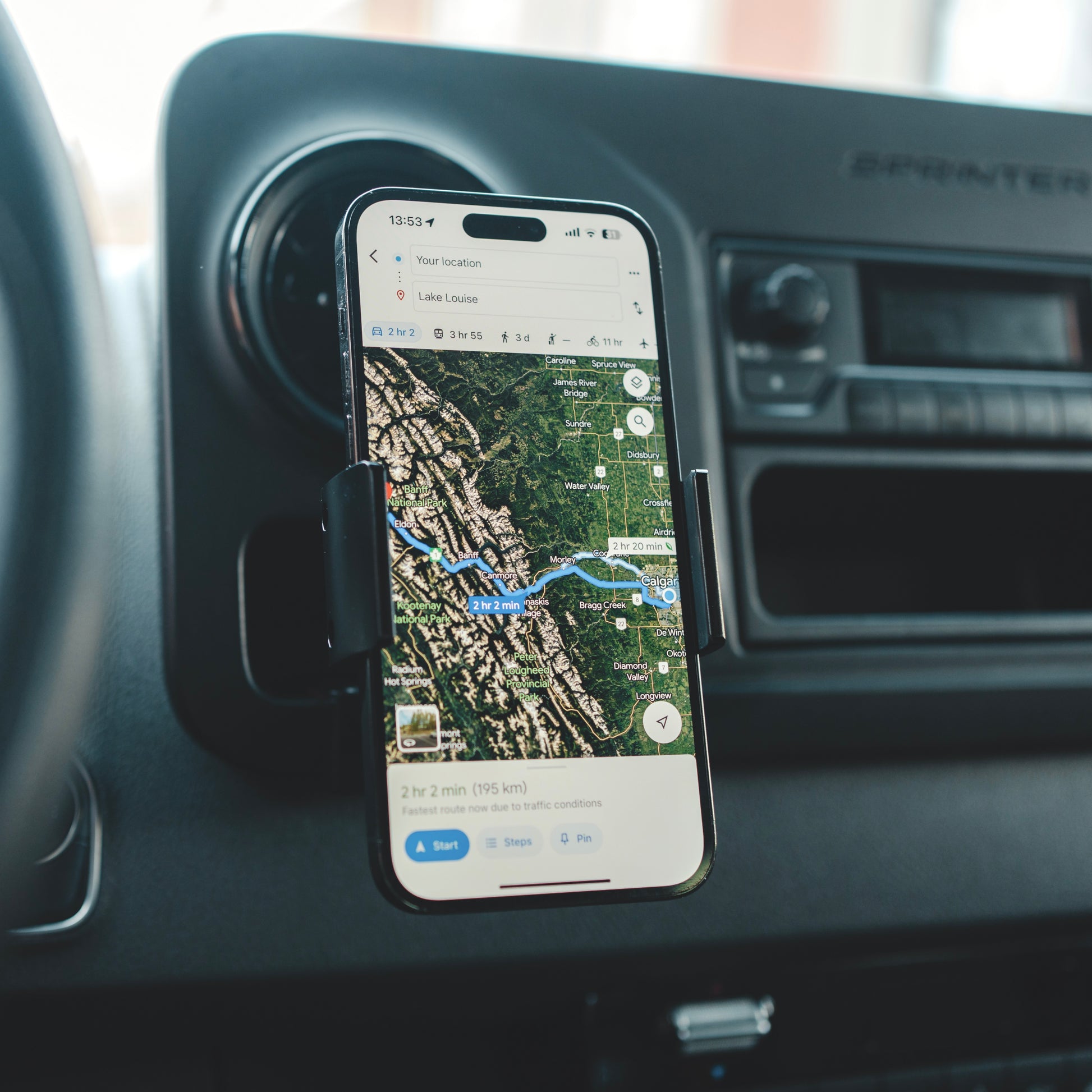 Image of Offroam Phone Mount for Mercedes-Benz Sprinter 2019-2025. This premium all metal phone mounting base installs easily without drilling or glue. Perfect placement without blocking screens, driver view, or air flow.