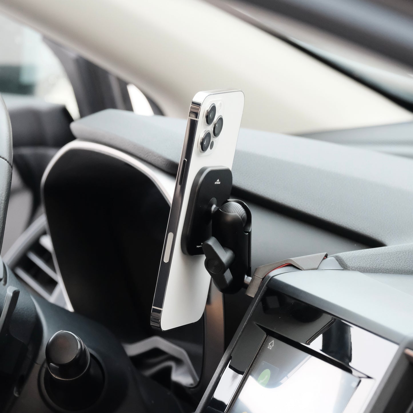 Image of Offroam MagSafe-compatible Phone Mount installed securely in Subaru Crosstrek 2018-2023 | Forester 2019-2024| Impreza 2017-2023. This premium phone mount installs easily without drilling or glue. High force magnets hold phone on any trail, road, or track. Perfect placement without blocking screens, driver view, or air flow. Fully adjustable positioning.