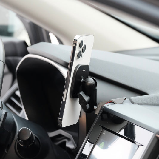 Image of Offroam MagSafe-compatible Phone Mount installed securely in Subaru Crosstrek 2018-2023 | Forester 2019-2024| Impreza 2017-2023. This premium phone mount installs easily without drilling or glue. High force magnets hold phone on any trail, road, or track. Perfect placement without blocking screens, driver view, or air flow. Fully adjustable positioning.