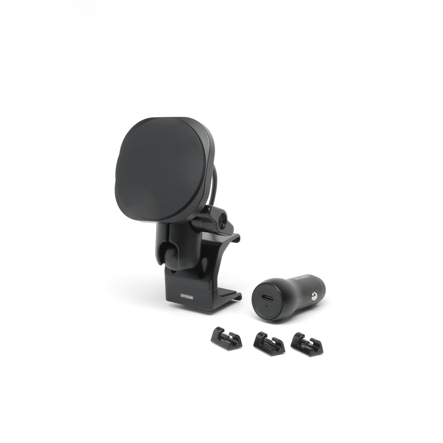 Offroam Qi2 Charging phone mount kit shown with 12V power adapter, cable management clips and a mounting base designed for Toyota RAV4 2019-2025