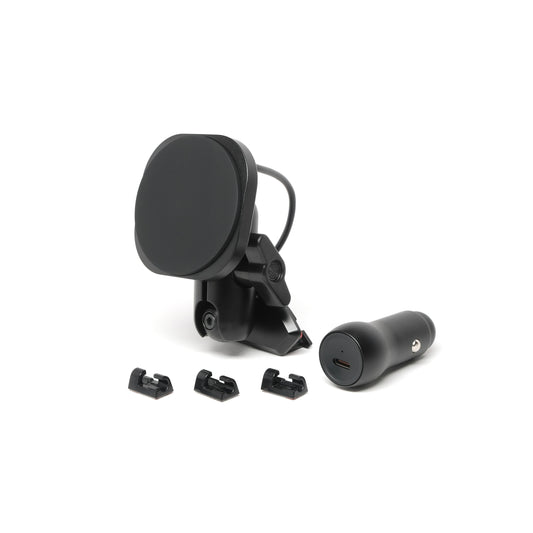 Offroam phone mount kit consisting of Toyota Tacoma 2005-2011 mounting base, an articulating arm and a Qi2 wireless charging holder with strong magnets for 4x4 driving. 20mm ball system, cable clips and 12V power adapter shown.
