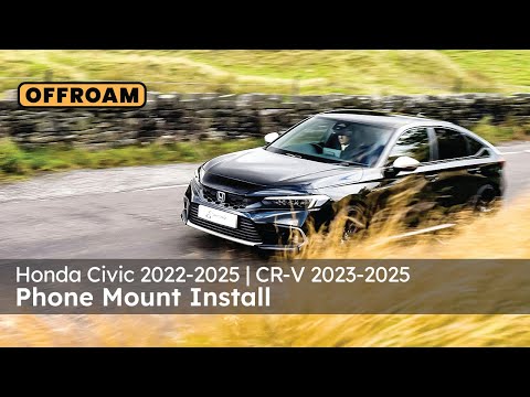 Video of Offroam Phone Mount installation for Honda Civic 2022-2026 | CR-V 2023-2026. This premium phone mount installs easily without drilling or glue. Spring loaded Universal holder for use with any phone. Perfect placement without blocking screens, driver view, or air flow. Fully adjustable positioning.