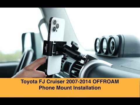 Video of Offroam Phone Mount installation for Toyota FJ Cruiser 2007-2014. This premium phone mount installs easily without drilling or glue. Spring loaded Universal holder for use with any phone. Perfect placement without blocking screens, driver view, or air flow. Fully adjustable positioning.