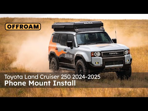 Video of Offroam Phone Mount installation for Toyota Land Cruiser 250 2024-2026. This premium phone mount installs easily without drilling or glue. Spring loaded Universal holder for use with any phone. Perfect placement without blocking screens, driver view, or air flow. Fully adjustable positioning.