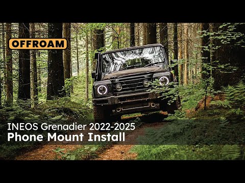 Video of Offroam Phone Mount installation for INEOS Grenadier 2022-2025. This premium phone mount installs easily without drilling or glue. Spring loaded Universal holder for use with any phone. Perfect placement without blocking screens, driver view, or air flow. Fully adjustable positioning.