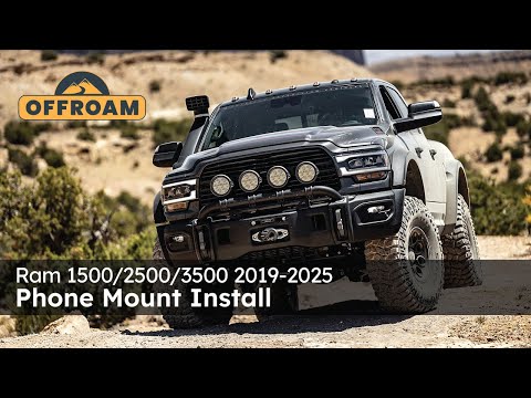 Video of Offroam Phone Mount installation for Ram 1500/2500/3500 2019-2025. This premium phone mount installs easily without drilling or glue. Spring loaded Universal holder for use with any phone. Perfect placement without blocking screens, driver view, or air flow. Fully adjustable positioning.