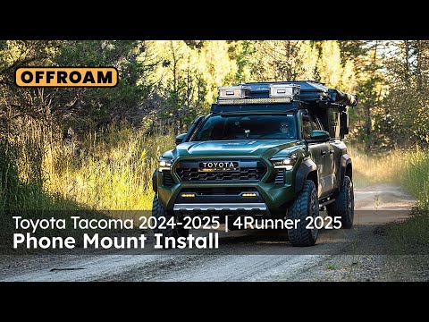 Video of Offroam Phone Mount installation for Toyota Tacoma 2024-2025 | 4Runner 2025. This premium phone mount installs easily without drilling or glue. Spring loaded Universal holder for use with any phone. Perfect placement without blocking screens, driver view, or air flow. Fully adjustable positioning.