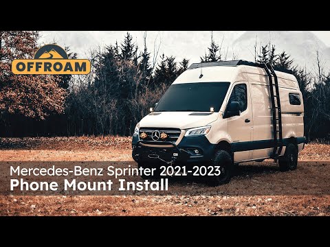 Video of Offroam Phone Mount installation for Mercedes-Benz Sprinter 2019-2025. This premium phone mount installs easily without drilling or glue. Spring loaded Universal holder for use with any phone. Perfect placement without blocking screens, driver view, or air flow. Fully adjustable positioning.