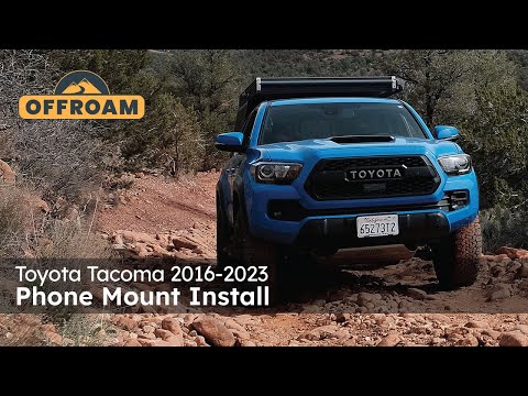 Image of Offroam Phone Mount installation for Toyota Tacoma 2016-2023 | Tundra 2014-2021. This premium phone mount installs easily without drilling or glue. Spring loaded Universal holder for use with any phone. Perfect placement without blocking screens, driver view, or air flow. Fully adjustable positioning.