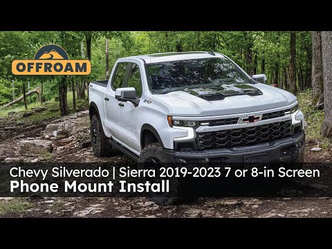 Video of Offroam Phone Mount installation for Chevrolet Silverado 2019-2024 | Silverado HD 2020-2024 and GMC Sierra 1500 2019-2021 | Sierra HD 2020-2023 with 7-in.|8-in. display. This premium phone mount installs easily without drilling or glue. Spring loaded Universal holder for use with any phone. Perfect placement without blocking screens, driver view, or air flow. Fully adjustable positioning.