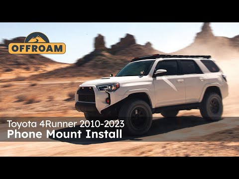 Video of Offroam Phone Mount installation for Toyota 4Runner 2010-2024. This premium phone mount installs easily without drilling or glue. Spring loaded Universal holder for use with any phone. Perfect placement without blocking screens, driver view, or air flow. Fully adjustable positioning.