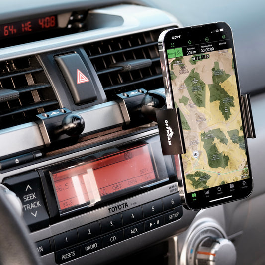 Image of Offroam Phone Mount installed securely in Toyota 4Runner 2010-2013. This premium phone mount installs easily without drilling or glue. Spring loaded Universal holder for use with any phone. Perfect placement without blocking screens, driver view, or air flow. Fully adjustable positioning.