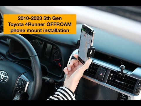 Video of Offroam Phone Mount installation for Toyota 4Runner 2010-2024. This premium phone mount installs easily without drilling or glue. Spring loaded Universal holder for use with any phone. Perfect placement without blocking screens, driver view, or air flow. Fully adjustable positioning.
