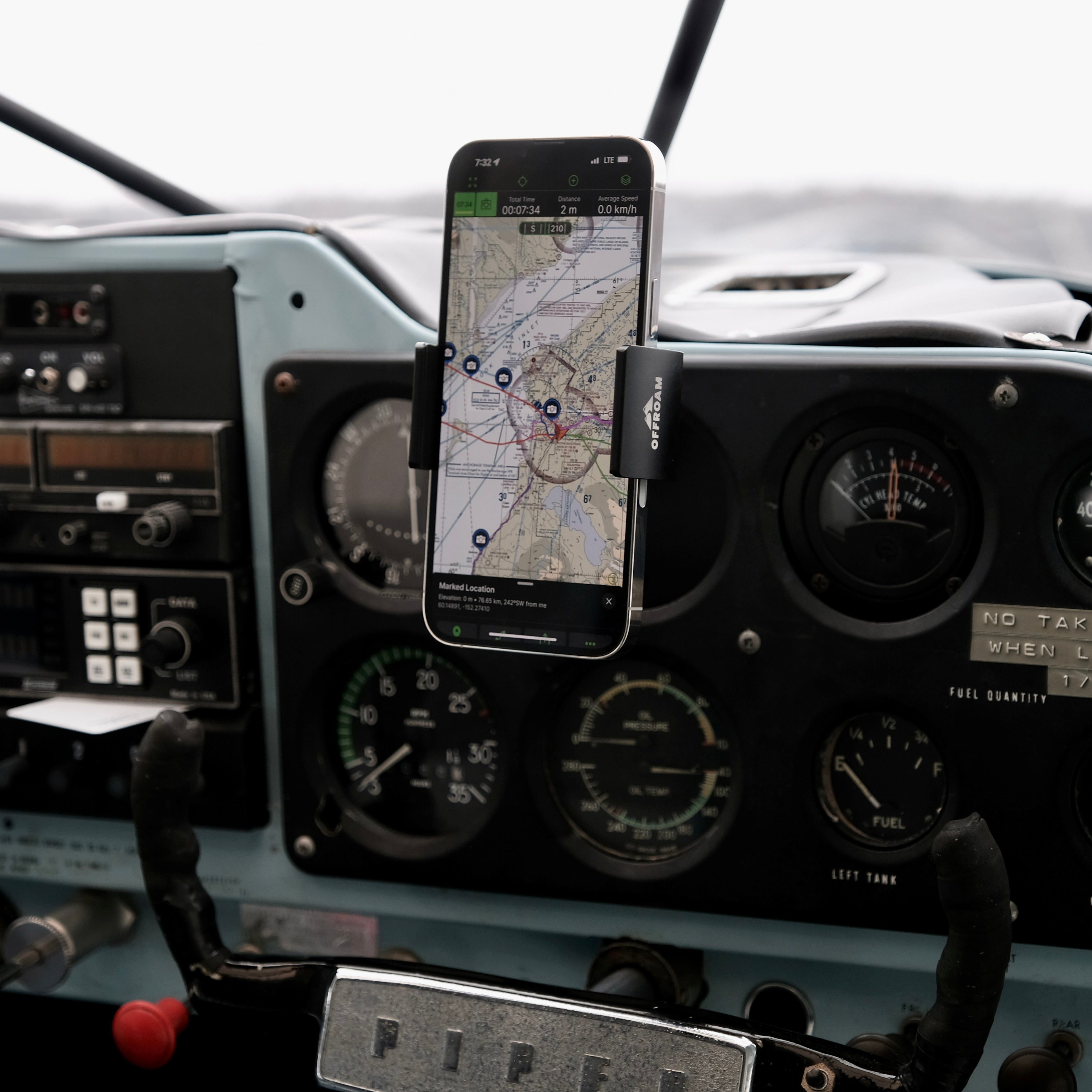 Image of Offroam Airbount Phone Mount in the cockpit of a General Aviation aircraft.