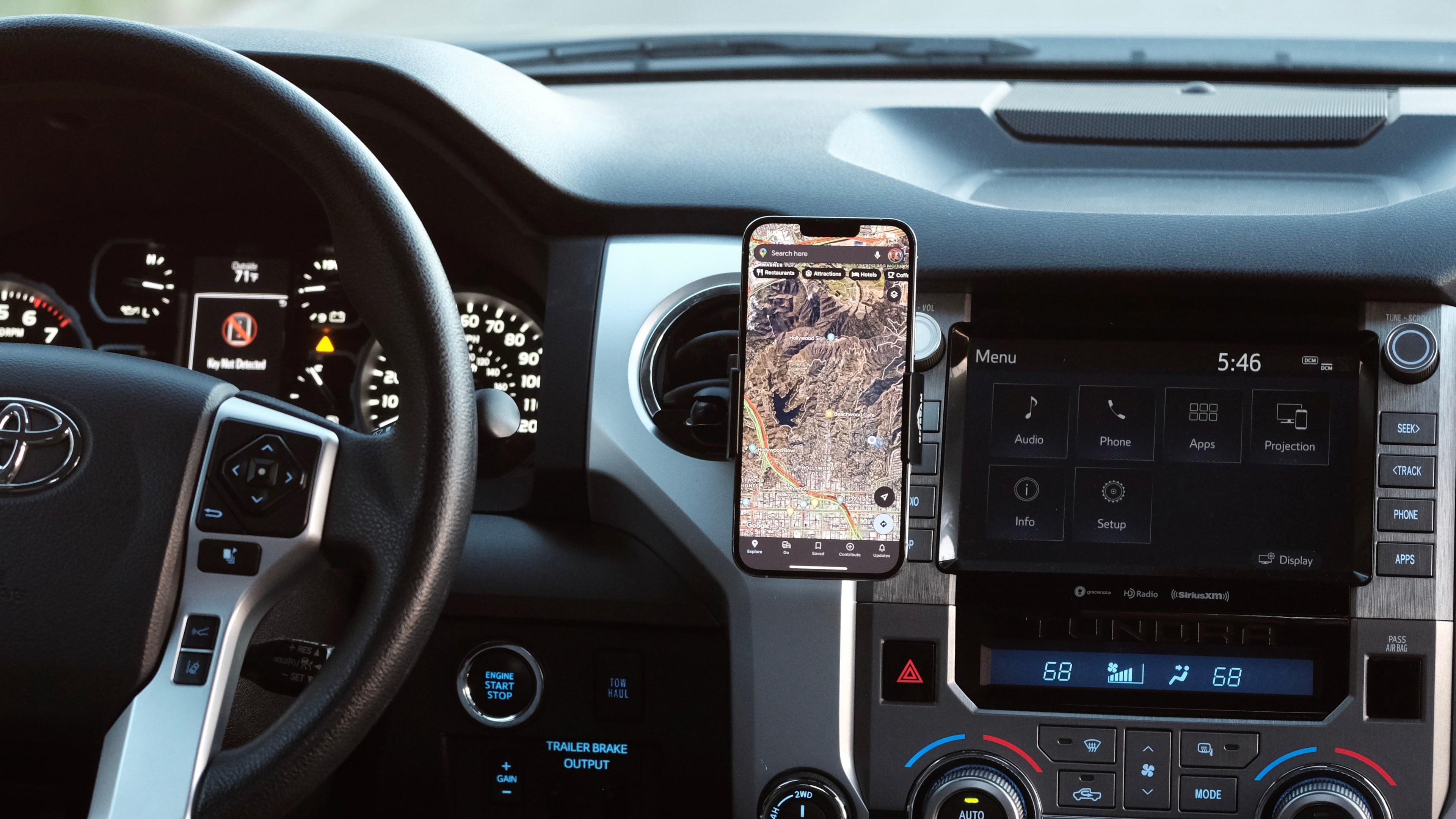 Offroam phone mount installed in a 2014-2021 Toyota Tundra - hoping the phone securely without blocking the airvent. Off-road ready hold with universal grip and MagSafe-compatible holder options available