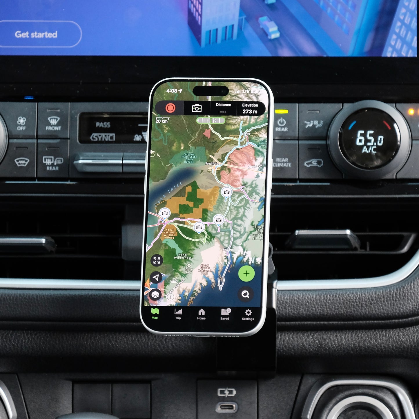 Image of Offroam MagSafe-compatible Phone Mount installed securely in Toyota Grand Highlander 2024-2026. This premium phone mount installs easily without drilling or glue. High force magnets hold phone on any trail, road, or track. Perfect placement without blocking screens, driver view, or air flow. Fully adjustable positioning.