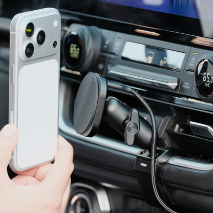 Image of Offroam MagSafe-compatible Phone Mount installed securely in Toyota Grand Highlander 2024-2026. This premium phone mount installs easily without drilling or glue. High force magnets hold phone on any trail, road, or track. Perfect placement without blocking screens, driver view, or air flow. Fully adjustable positioning.