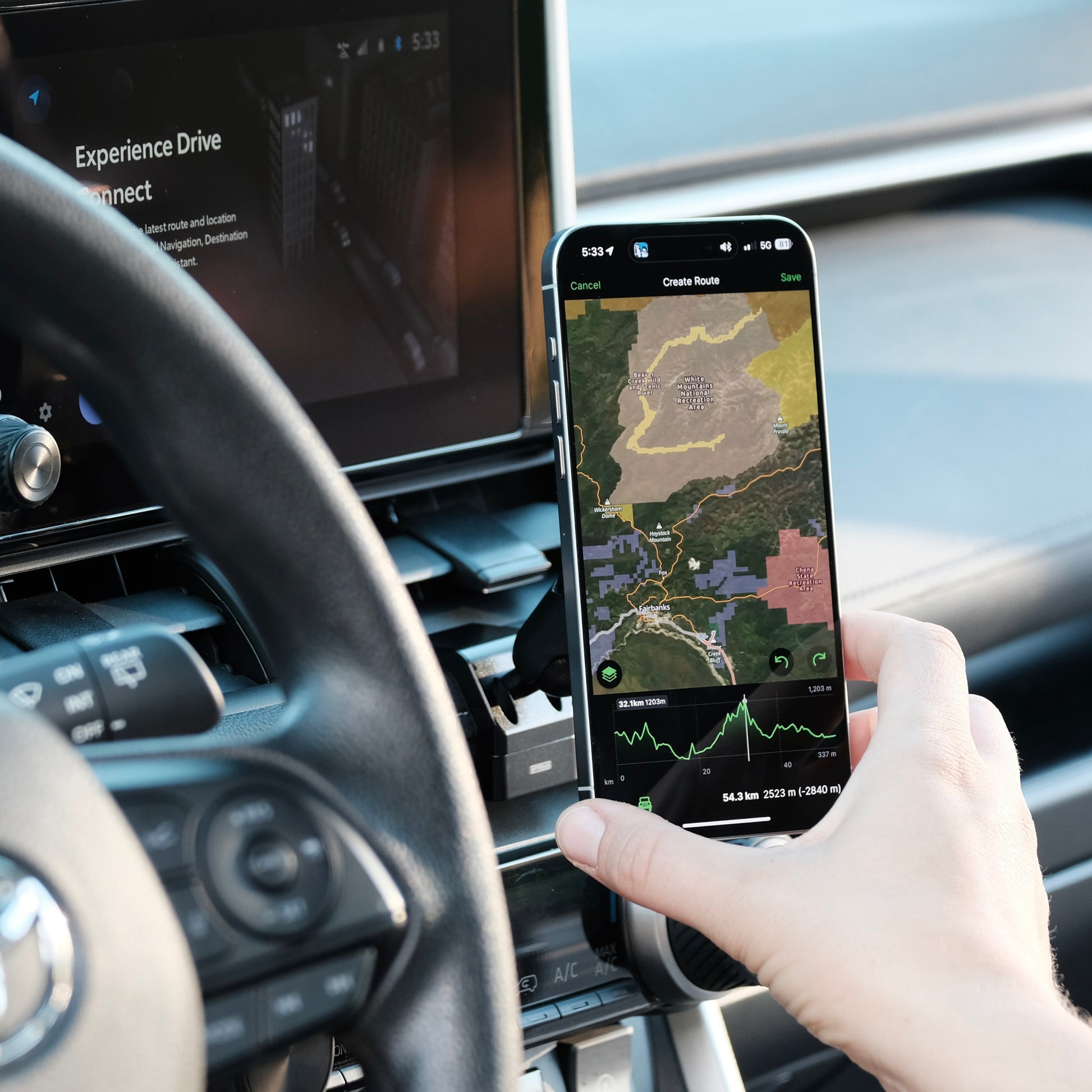 Image of Offroam MagSafe-compatible Phone Mount installed securely in Toyota RAV4 2019-2025. This premium phone mount installs easily without drilling or glue. High force magnets hold phone on any trail, road, or track. Perfect placement without blocking screens, driver view, or air flow. Fully adjustable positioning.