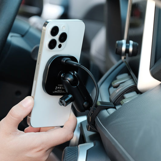 Image of Offroam MagSafe-compatible Phone Mount installed securely in Toyota RAV4 2019-2025. This premium phone mount installs easily without drilling or glue. High force magnets hold phone on any trail, road, or track. Perfect placement without blocking screens, driver view, or air flow. Fully adjustable positioning.