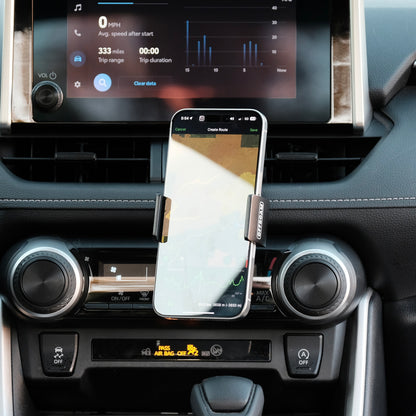 Image of Offroam Phone Mount installed securely in Toyota RAV4 2019-2025. This premium phone mount installs easily without drilling or glue. Spring loaded Universal holder for use with any phone. Perfect placement without blocking screens, driver view, or air flow. Fully adjustable positioning.