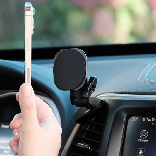 Offroam phone mount installed securely in a jeep Cherokee 2014 to 2018 model years with MagSafe magnetic holder and shown on the vehicle dashboard not blocking the air vent in the perfect position