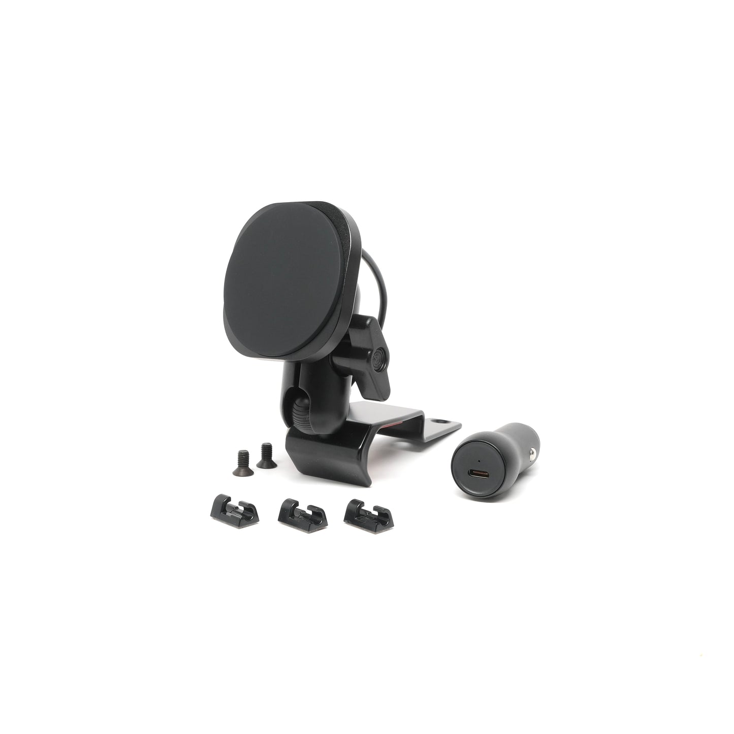 Offroam phone mount kit specifically for Jeep Wrangler and Gladiator 2024-2026 model years shown with Qi2 charging phone holder, mounting base with 20mm integrated ball and accessories including cable clips, 12V power adapter and 1m USB-C cable