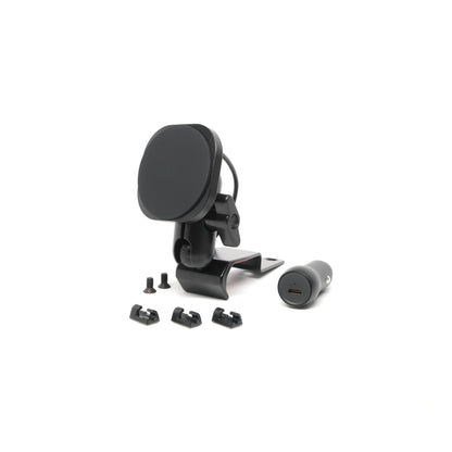 Offroam phone mount kit specifically for Jeep Wrangler and Gladiator 2024-2026 model years shown with Qi2 charging phone holder, mounting base with 20mm integrated ball and accessories including cable clips, 12V power adapter and 1m USB-C cable