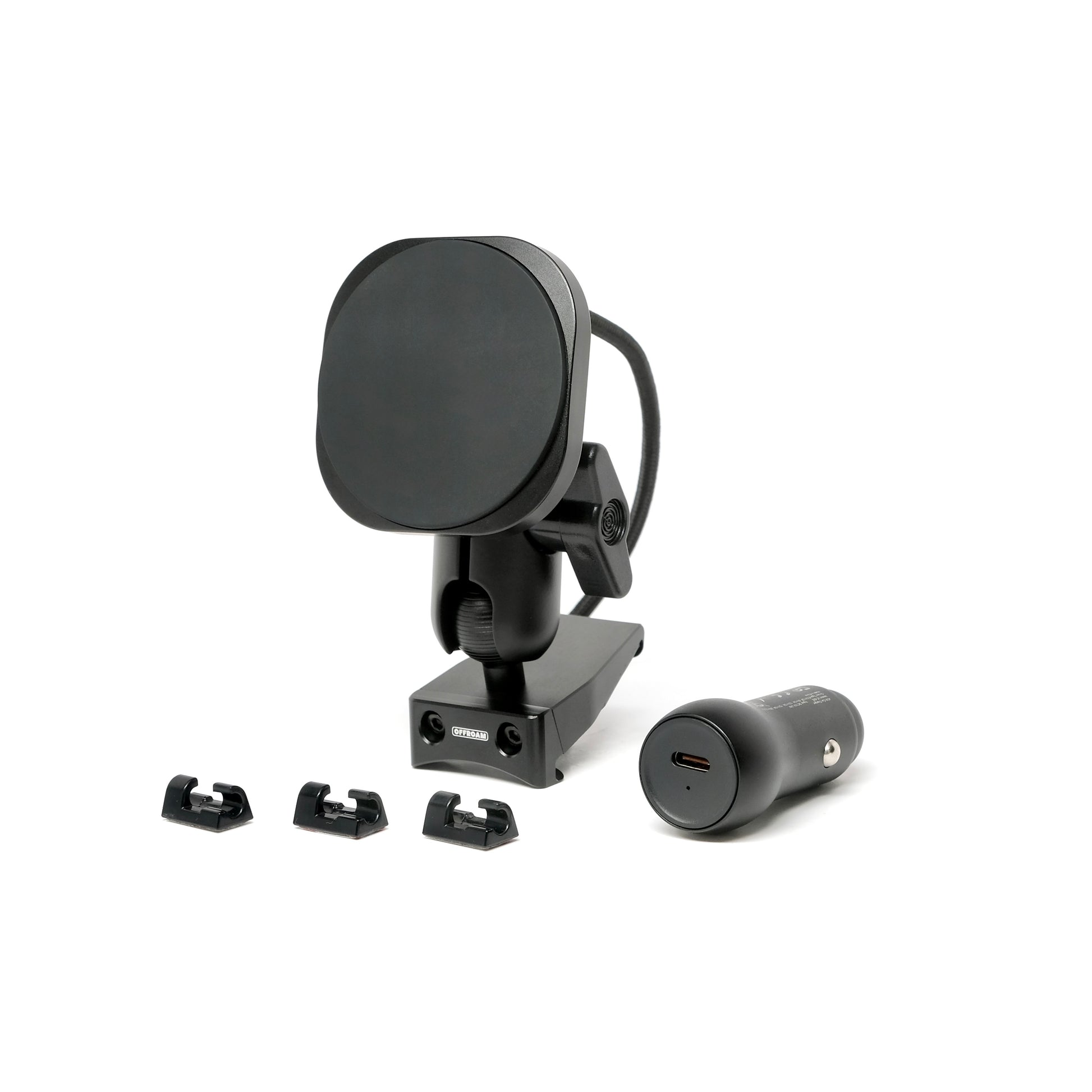 Image of Offroam MagSafe-compatible Phone Mount for Mercedes-Benz CLA 2019-2025. This premium phone mount installs easily without drilling or glue. High force magnets hold phone on any trail, road, or track. Perfect placement without blocking screens, driver view, or air flow. Fully adjustable positioning.
