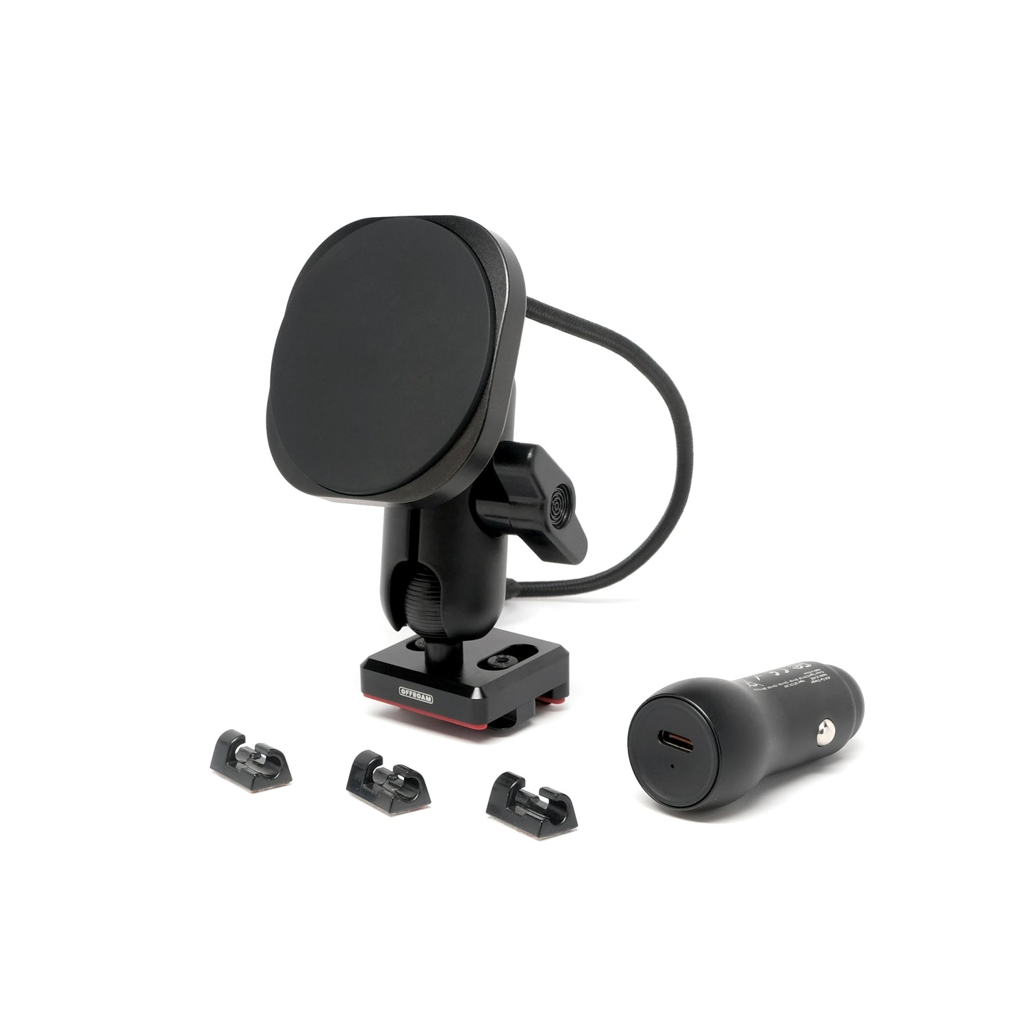 Image of Offroam MagSafe-compatible Phone Mount for Toyota Tacoma 2016-2023. This premium phone mount installs easily without drilling or glue. High force magnets hold phone on any trail, road, or track. Perfect placement without blocking screens, driver view, or air flow. Fully adjustable positioning.