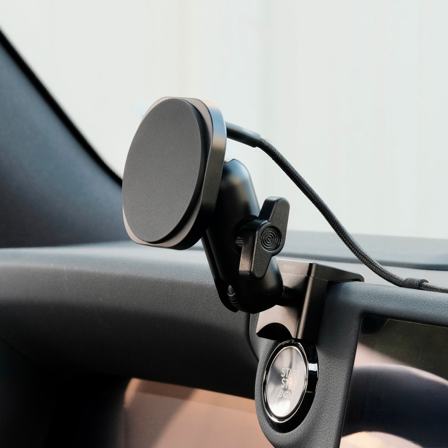 Image of Offroam MagSafe-compatible Phone Mount installed securely in Lexus GX 550 2024-2026. This premium phone mount installs easily without drilling or glue. High force magnets hold phone on any trail, road, or track. Perfect placement without blocking screens, driver view, or air flow. Fully adjustable positioning.