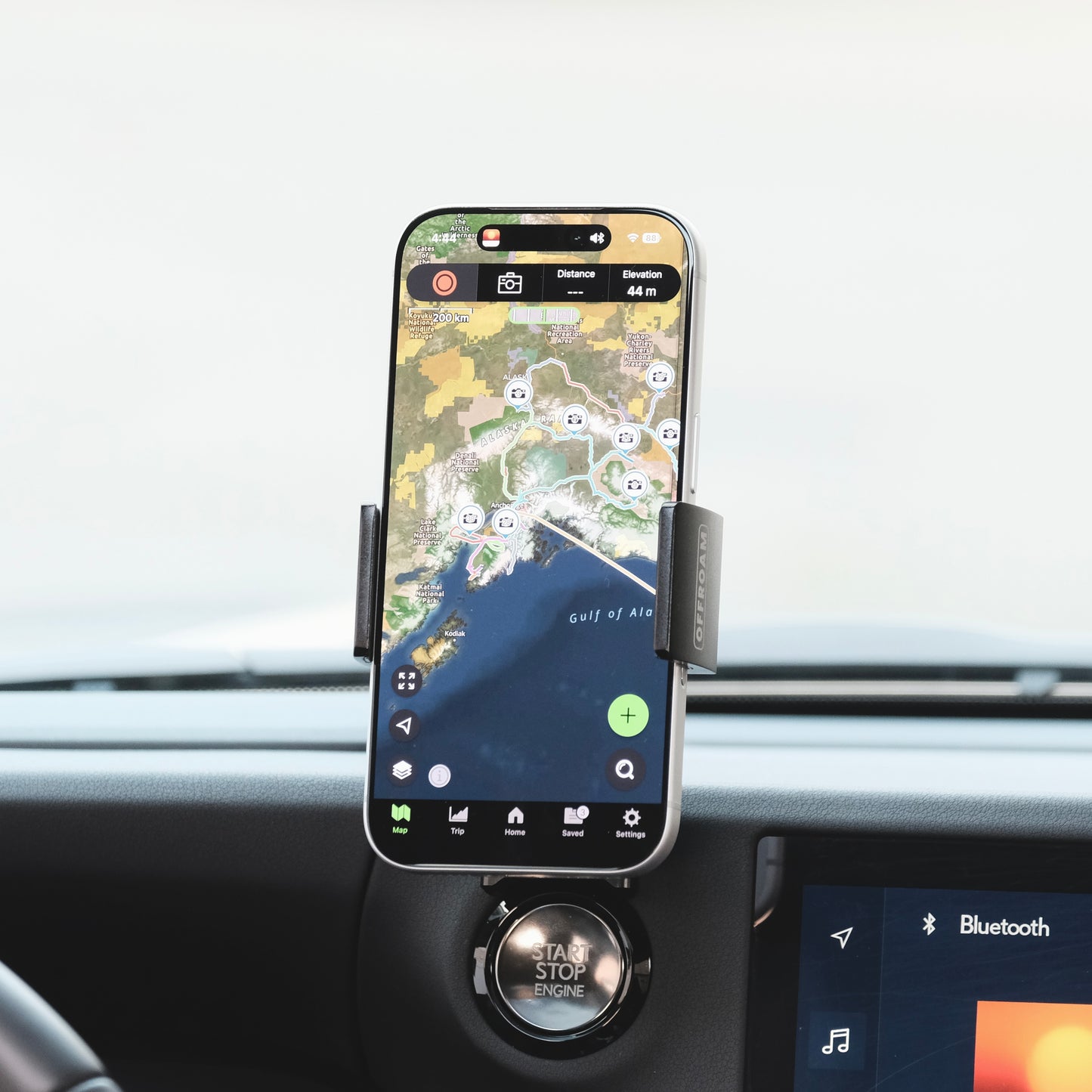 Image of Offroam MagSafe-compatible Phone Mount installed securely in Lexus GX 550 2024-2026. This premium phone mount installs easily without drilling or glue. High force magnets hold phone on any trail, road, or track. Perfect placement without blocking screens, driver view, or air flow. Fully adjustable positioning.