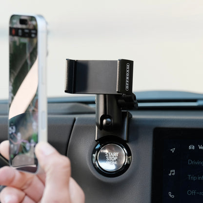 Image of Offroam MagSafe-compatible Phone Mount installed securely in Lexus GX 550 2024-2026. This premium phone mount installs easily without drilling or glue. High force magnets hold phone on any trail, road, or track. Perfect placement without blocking screens, driver view, or air flow. Fully adjustable positioning.