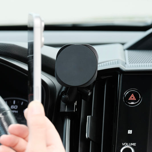 Image of Offroam MagSafe-compatible Phone Mount installed securely in Subaru Ascent 2023-2026. This premium phone mount installs easily without drilling or glue. High force magnets hold phone on any trail, road, or track. Perfect placement without blocking screens, driver view, or air flow. Fully adjustable positioning.