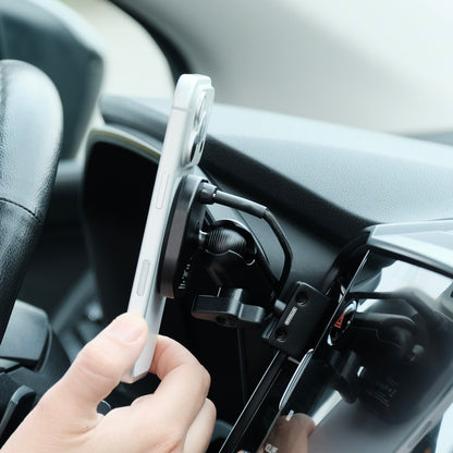Image of Offroam MagSafe-compatible Phone Mount installed securely in Subaru Ascent 2023-2026. This premium phone mount installs easily without drilling or glue. High force magnets hold phone on any trail, road, or track. Perfect placement without blocking screens, driver view, or air flow. Fully adjustable positioning.